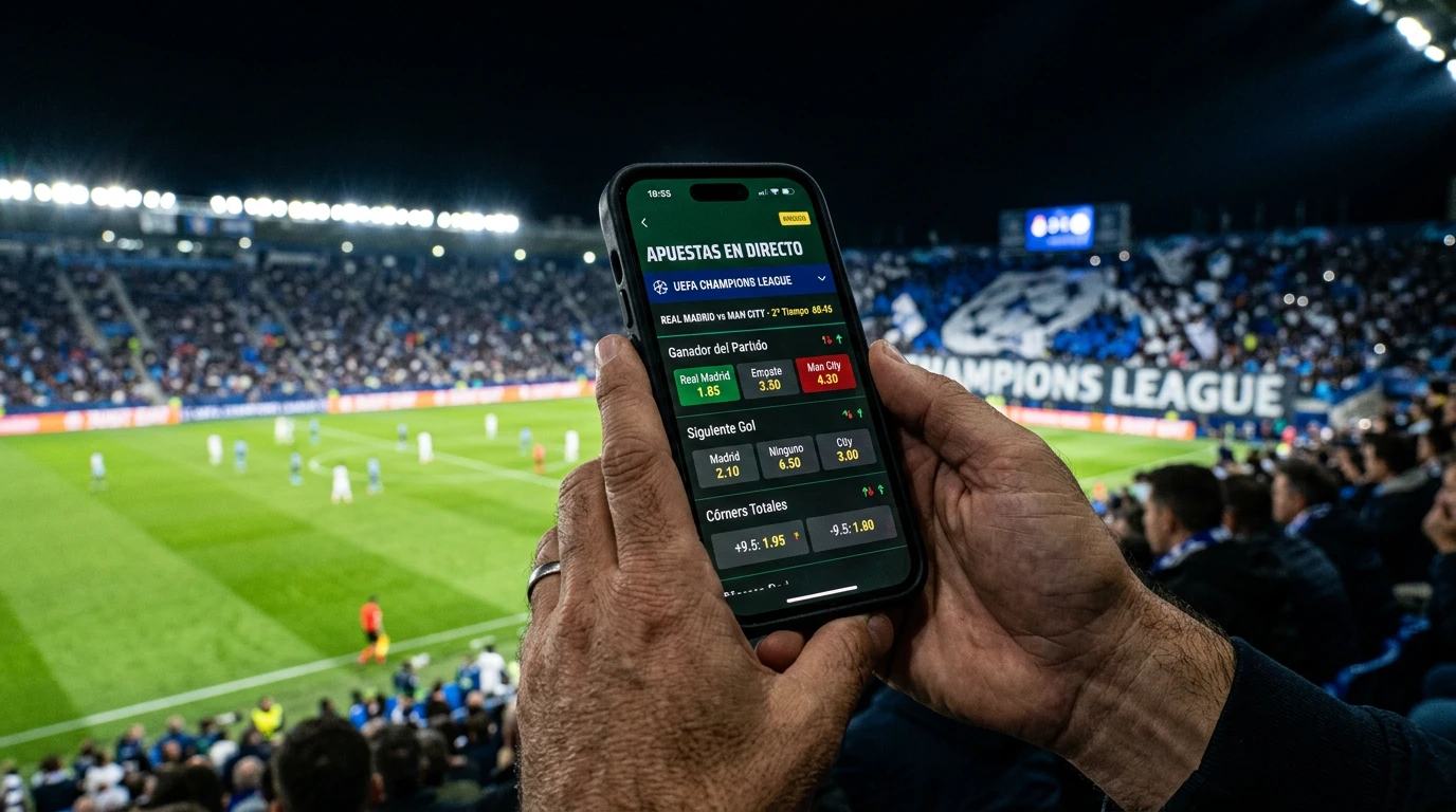 Apostador siguiendo en directo un partido de Champions League para realizar apuestas in-play