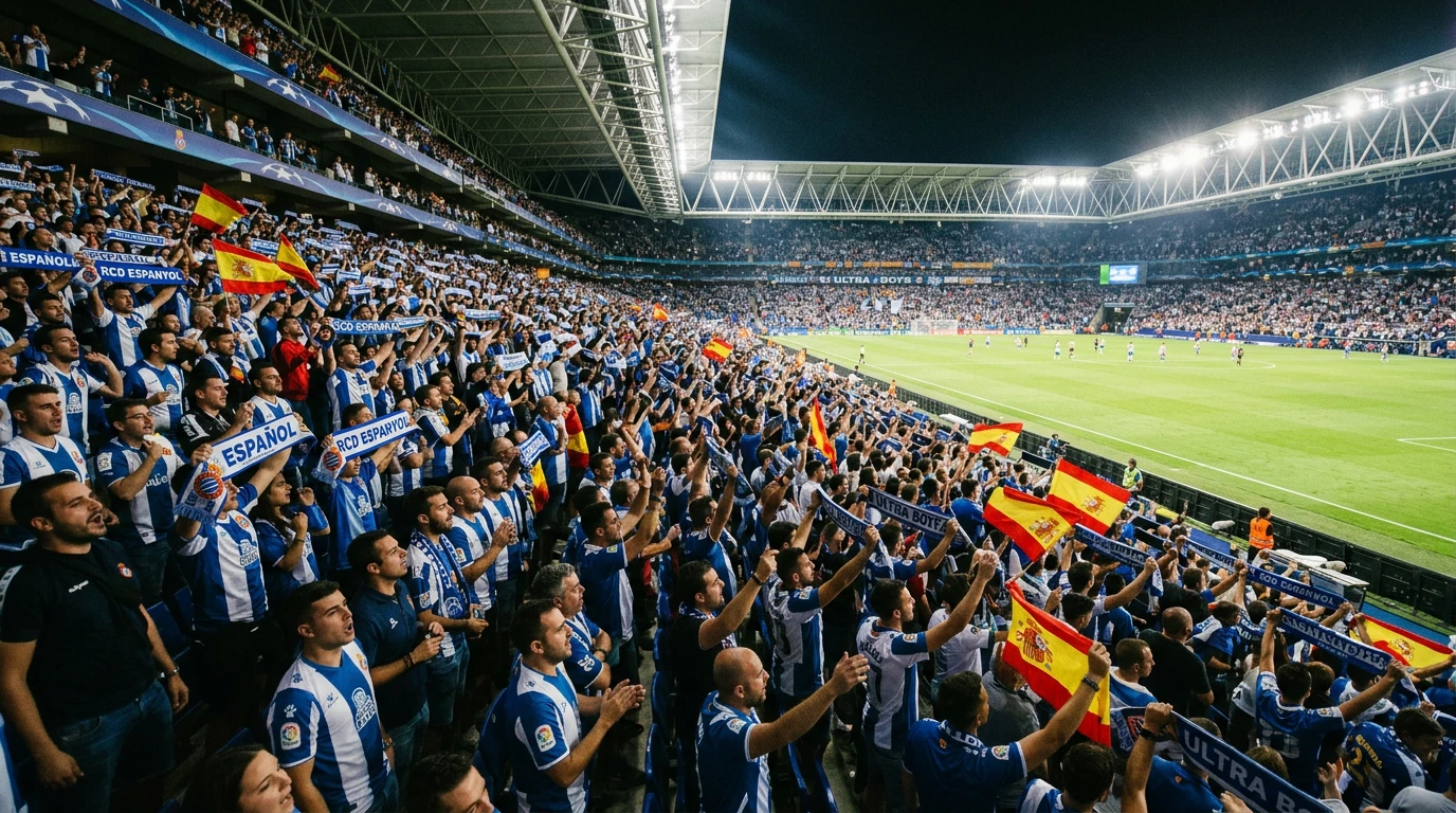 Aficionados españoles celebrando un gol en un estadio durante un partido de la Champions League