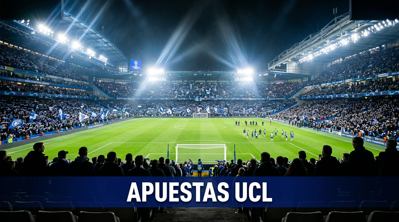 Estadio iluminado de la UEFA Champions League con cuotas de apuestas deportivas superpuestas